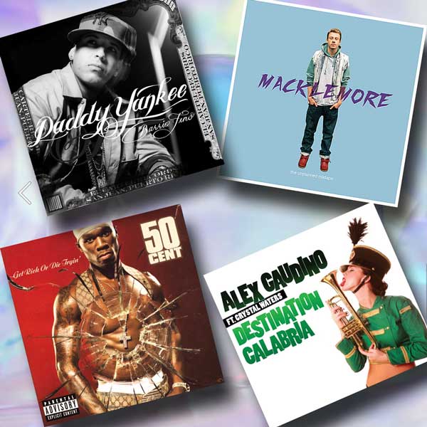 Collage von CD-Covern der 2000er Jahre (Daddy Yankee, Macklemore, 50 Cent, Alex Gaudino) – spiegelt DJ eMPis Musik aus den 2000ern wider.