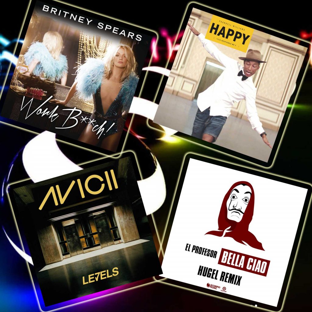 Collage von Song-Covern aus den 2010ern (Britney Spears, Pharrell Williams, Avicii, Bella Ciao Remix) – repräsentiert DJ eMPis Musik der 2010er Jahre.