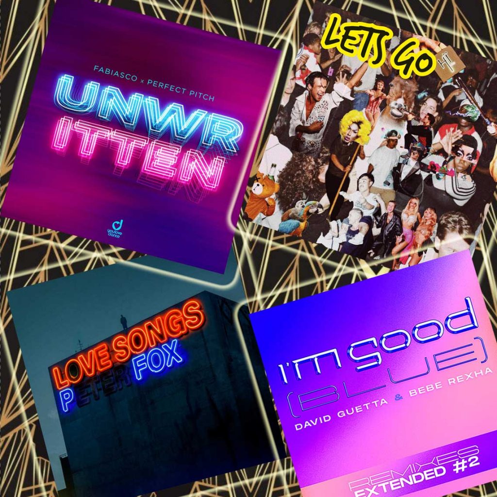 Collage aktueller Hits der 2020er-Jahre (Unwritten Remix, Let's Go, Love Songs, I'm Good (Blue)) – steht für DJ eMPis moderne Musik.
