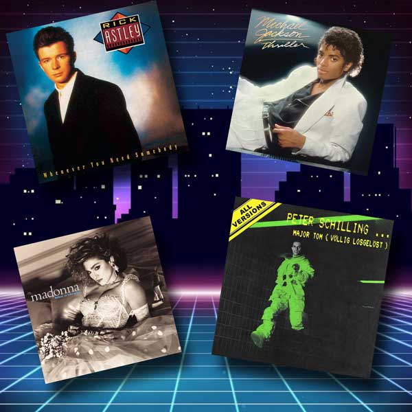Collage von Plattencovern der 1980er-Jahre (Rick Astley, Michael Jackson, Madonna, Peter Schilling) – repräsentiert DJ eMPis Musik aus den 80ern.