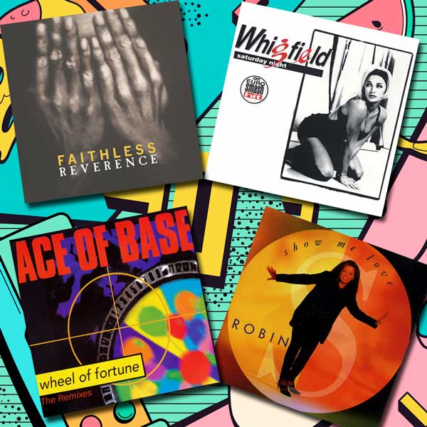 Collage von CD-Covern der 1990er (Faithless, Whigfield, Ace of Base, Robin S) – steht für DJ eMPis 90er-Musikprogramm.